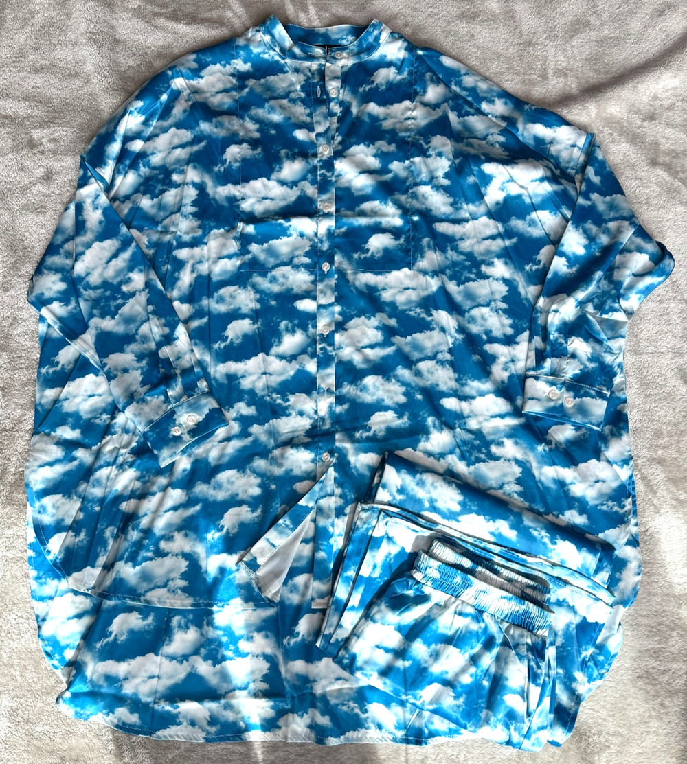 Dressed in Lala Secret Sky Society Blue White Clouds Satin Playsuit Size M NWT